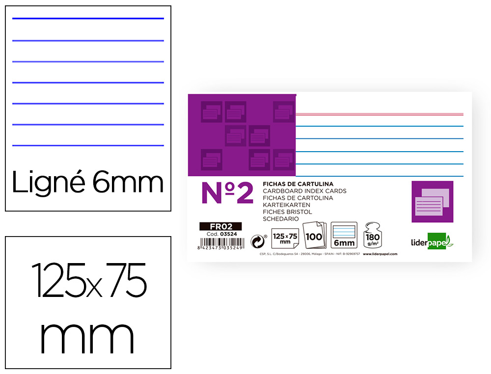 FICHA LIDERPAPEL RAYADA N2 75X125 MM 180G/M2 PAQUETE DE 100 UNIDADES