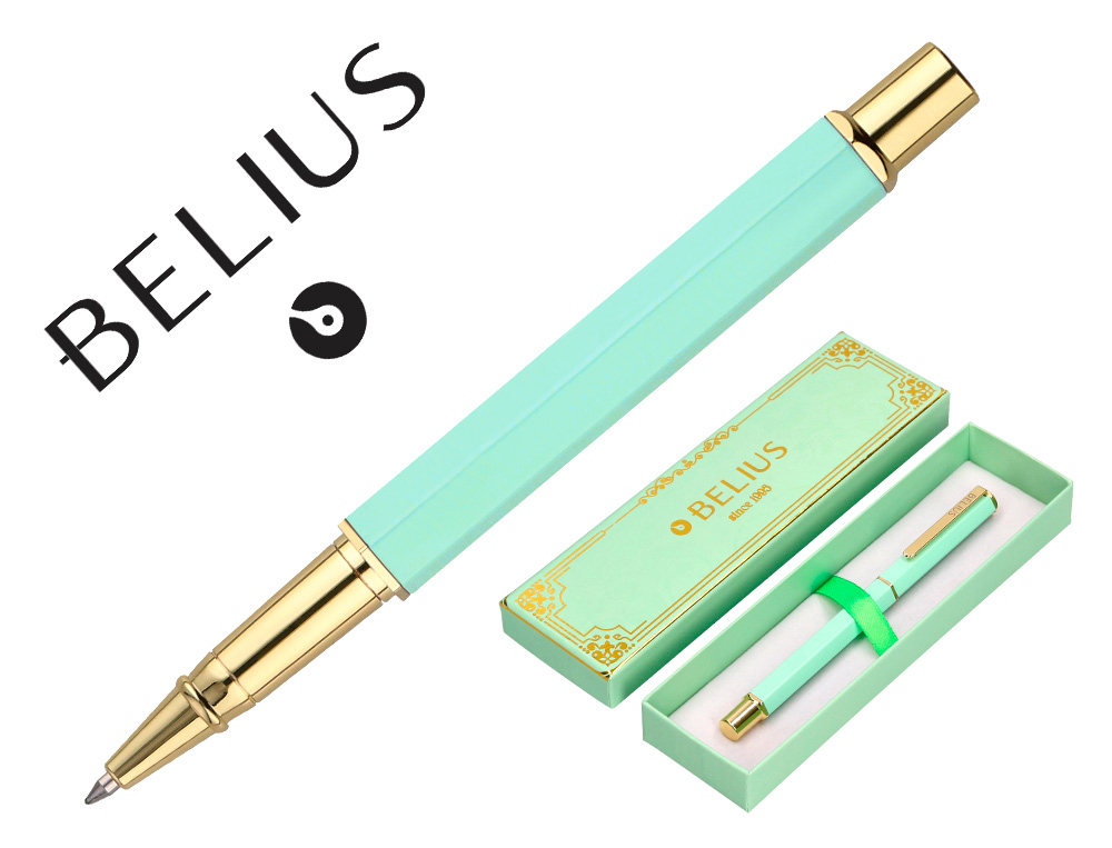 BOLIGRAFO BELIUS MACARON BLISS FORMA HEXAGONAL COLOR VERDE DORADO TINTA AZUL CAJA DE DISEO