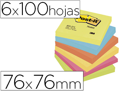 BLOC DE NOTAS ADHESIVAS QUITA Y PON POST-IT 76X76 MM NEON PACK DE 6 BLOCS SURTIDO