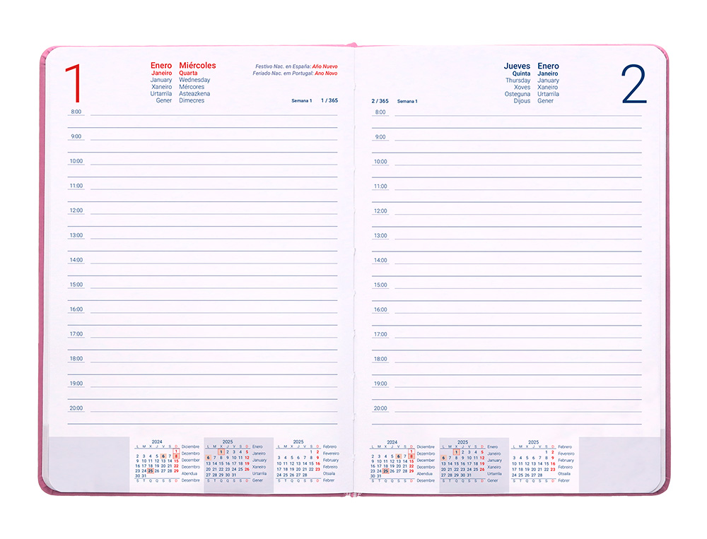 AGENDA ENCUADERNADA LIDERPAPEL MYKONOS A5 2025 DIA PAGINA COLOR ROSA PAPEL 70 GR